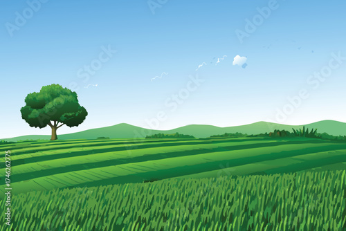 A vibrant green landscape featuring a solitary tree and rolling hills