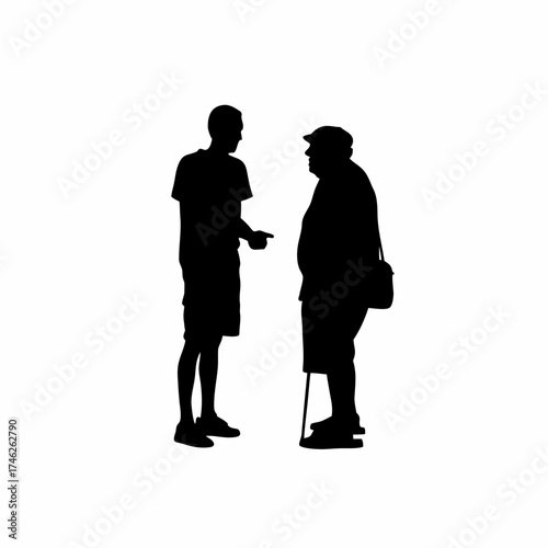Silhouette of a volunteer comforting an elderly person s loneliness story isolated on white background
