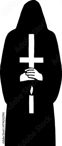 Silhouette of priest figure holding upside-down cross - dark ritual vector with white background 