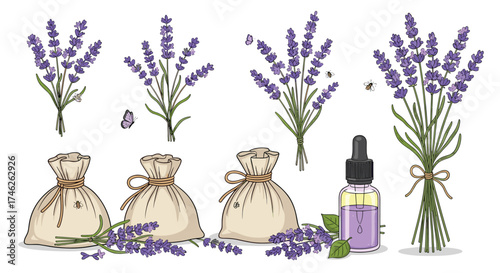 A collection of lavender sachets essential oil and beautiful lavender bouquets.