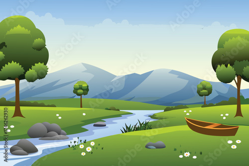 Peaceful landscape with a winding river green hills and distant mountains