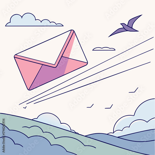 Pink envelope flying through the sky with birds and clouds