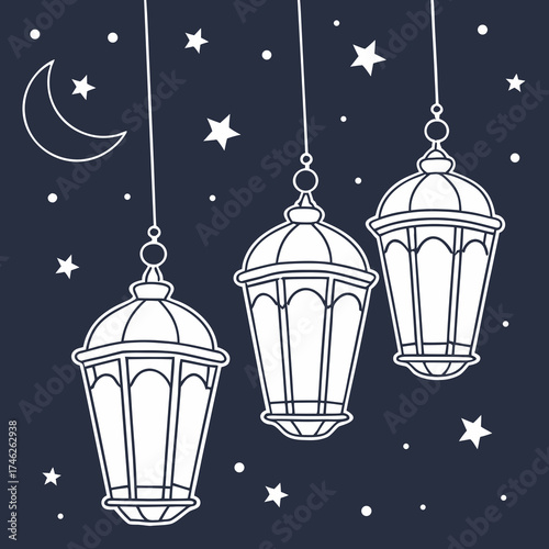 Ramadan kareem islamic lanterns crescent moon and stars night sky illustration