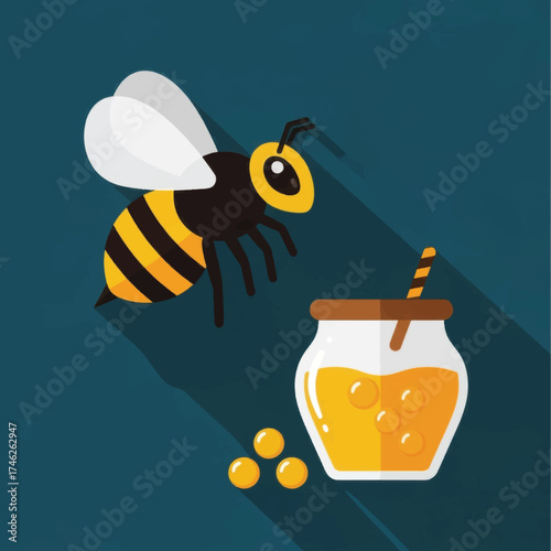 Honeybee in flight approaching honey jar.