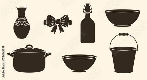 A collection of kitchenware and decorative items.