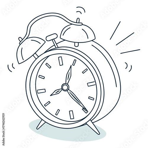 Retro alarm clock ringing loudly with bells and sound waves