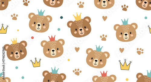 Cute teddy bears wearing crowns and paw prints seamless pattern.