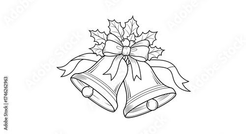 Elegant christmas bells adorned with holly and ribbon.