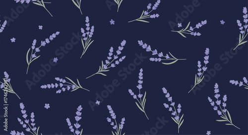 A dark blue background with a repeating pattern of delicate purple lavender sprigs and small dots.