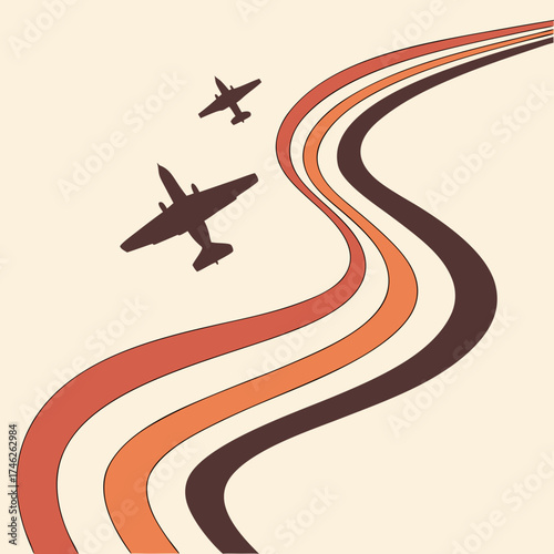Retro style airplanes flying over curved colorful stripes