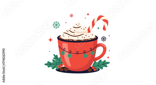 A festive mug of hot cocoa topped with whipped cream and a candy cane.
