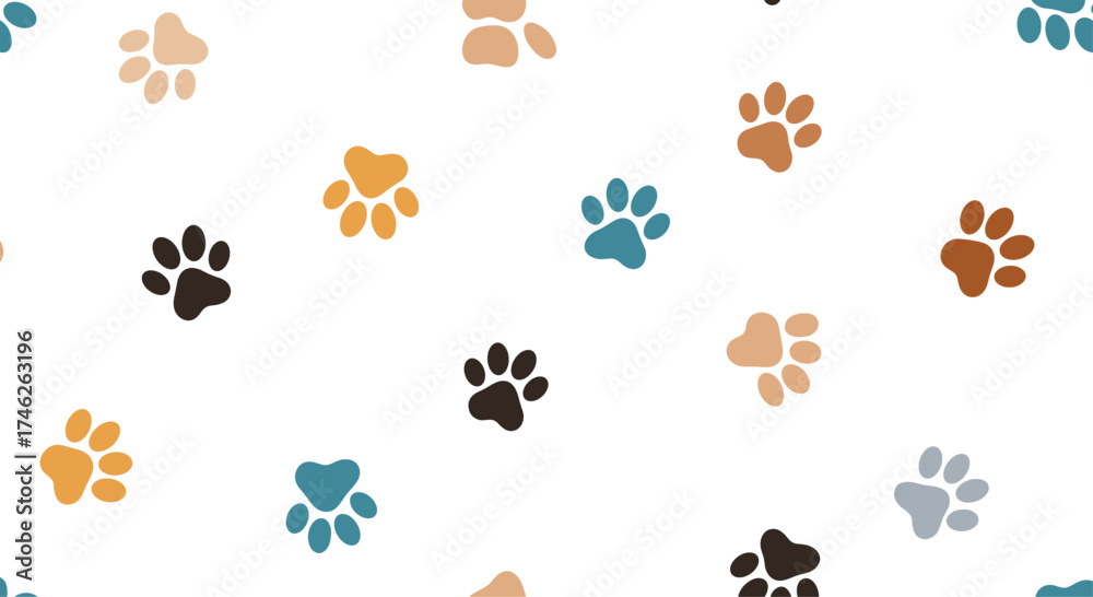 Fototapeta premium A seamless pattern of colorful paw prints on a white background.