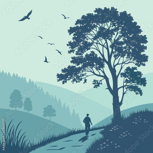 Silhouette of a man walking on a path under a large tree with birds flying