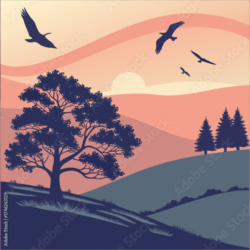 Silhouette of a lone tree and birds flying at sunset