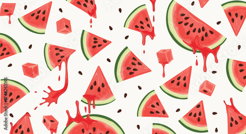 A refreshing collection of watermelon slices and cubes with juice drips.