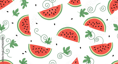 A vibrant pattern of sliced watermelons with green leaves and scattered seeds.