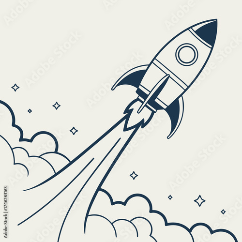 Simple line art rocket launching into space with clouds and stars