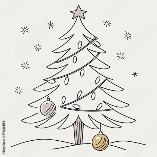 Simple line drawing of a decorated christmas tree with snowflakes