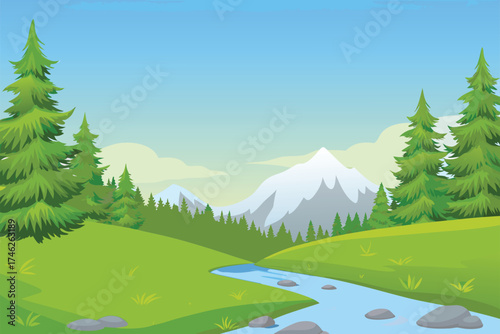 Peaceful landscape with green hills a river and distant snow capped mountains