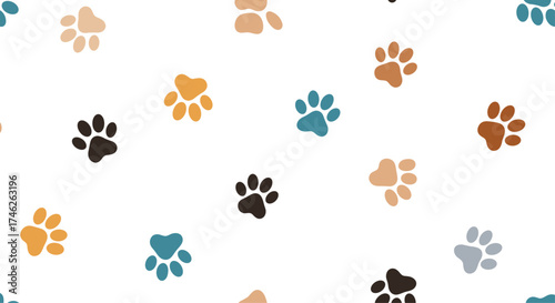 A seamless pattern of colorful paw prints on a white background.