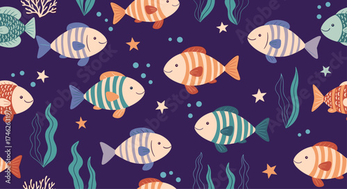 A whimsical underwater scene with colorful fish and aquatic plants.