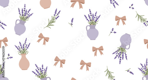 A charming pattern of lavender sprigs in decorative vases and bows.