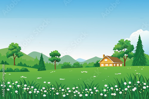 A peaceful landscape featuring a cozy house amidst green hills and sky