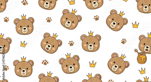 Cute cartoon teddy bears wearing crowns and paw prints.