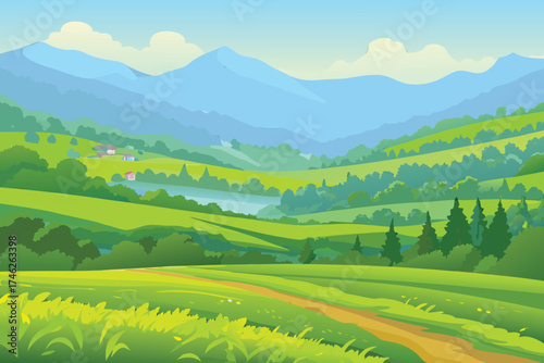 A serene landscape featuring rolling green hills mountains and a winding path