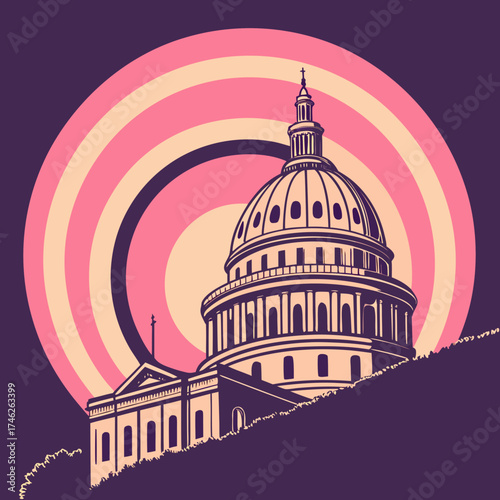 Stylized illustration of the united states capitol building with a retro sunburst background