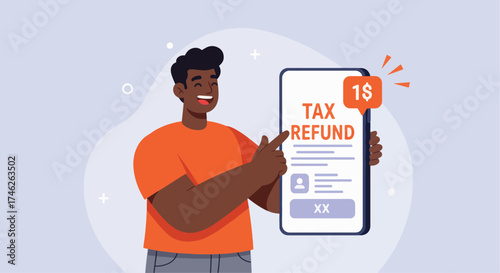 man holding tablet pc with text tax refund