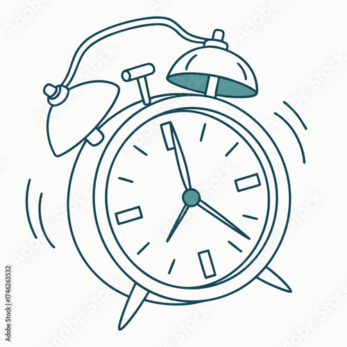 Vintage alarm clock ringing with a modern minimalist line art style