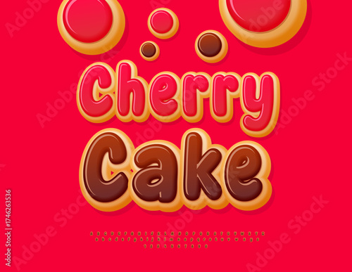 Vector Sweet emblem Cherry Cakes. Delicious Donut Font. Chocolate Glazed Alphabet Letters and Numbers
