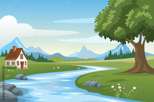 A peaceful landscape featuring a small house by a flowing river