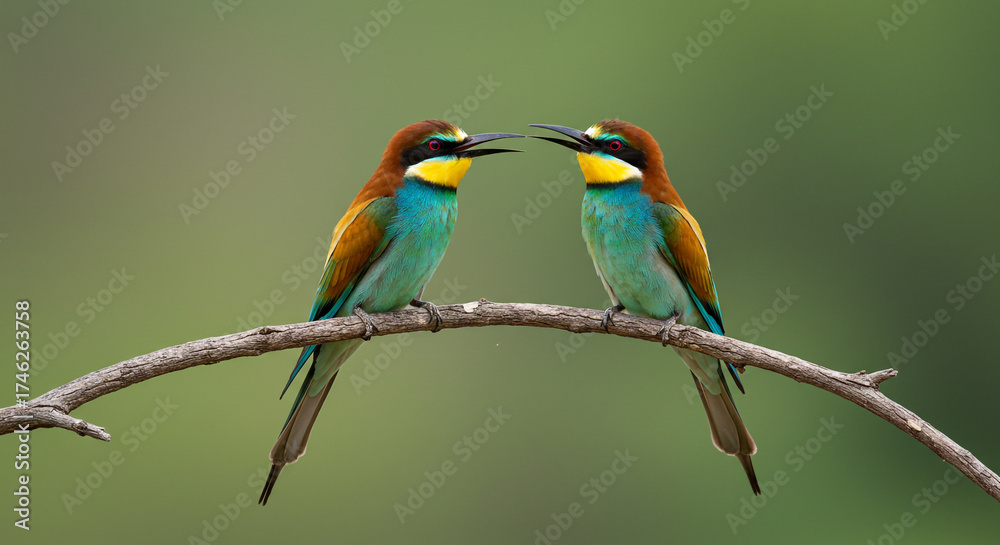 Obraz premium Couple of Bee-eater Birds Displaying Affection While Perched on a Branch, Showing Detailed Feather Colors.
