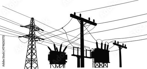 Black silhouette illustration of electricity power substation with high voltage transformers, transmission towers and electric poles on white background vector