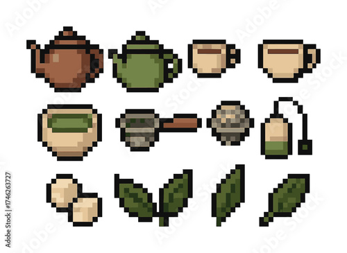 Vector Vintage pixel art tea set with teapots, cups, and leaves
