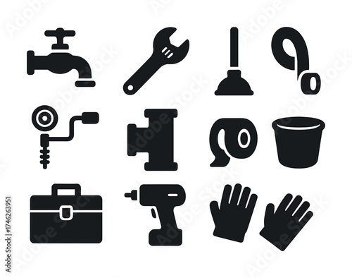 Vector Plumbing tools icons set: wrench, tape, plunger, faucet, drill, gloves