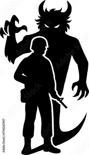 Silhouette of soldier silhouette with shadow demon behind  vector with white background 