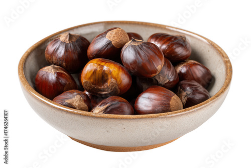 Bowl of ripe brown chestnuts with textured surface on white isolated on a transparent background food