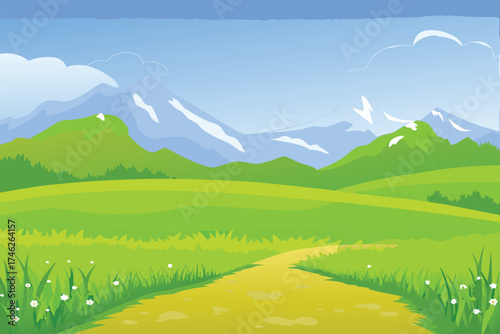 A scenic landscape illustration featuring a winding path and distant mountains