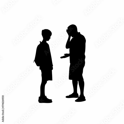 Silhouette of a youth mentor guiding a troubled student isolated on white background