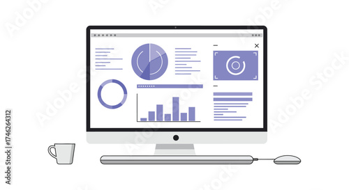 Modern computer desktop displaying business analytics dashboards charts graphs and data visualization