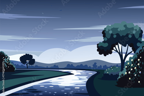 Serene landscape featuring a winding road and silhouetted trees at dusk
