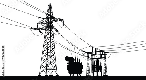 Black silhouette illustration of high voltage electricity power substation with transmission towers, transformers, and electric wires on white background vector