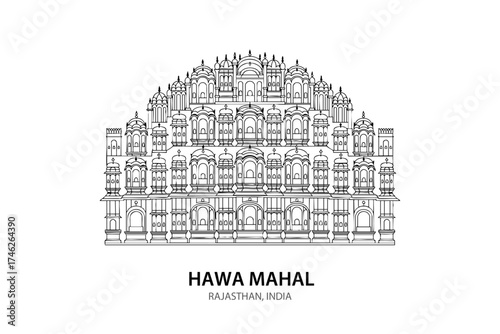 Hawa Mahal Jaipur Line Art – Iconic Indian Palace Vector Illustration of Rajasthan