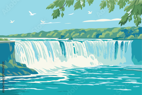 A beautiful illustration depicts a majestic waterfall and clear blue sky