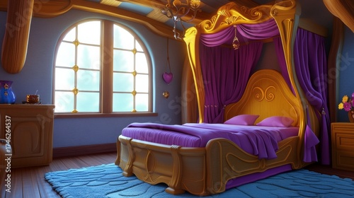 A cozy fairy tale bedroom featuring a vibrant canopy bed, colorful decor, and soft textures. Sunlight filters through the window, creating a warm atmosphere.