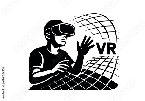 Vector Silhouette of young caucasian male using vr headset in digital grid environment