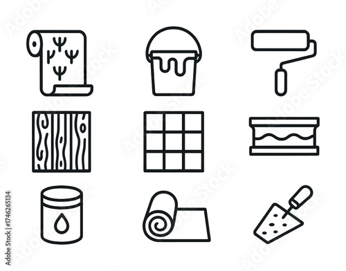 Vector Home renovation tools: paint roller, wallpaper, tiles, flooring, bucket